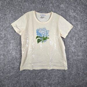 Catalog Favorites Short Sleeve Sequin Top Cream Floral Size L coastal grandma